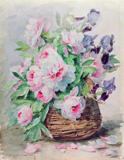 Irises and Peonies in a Basket by Madeleine Lemaire